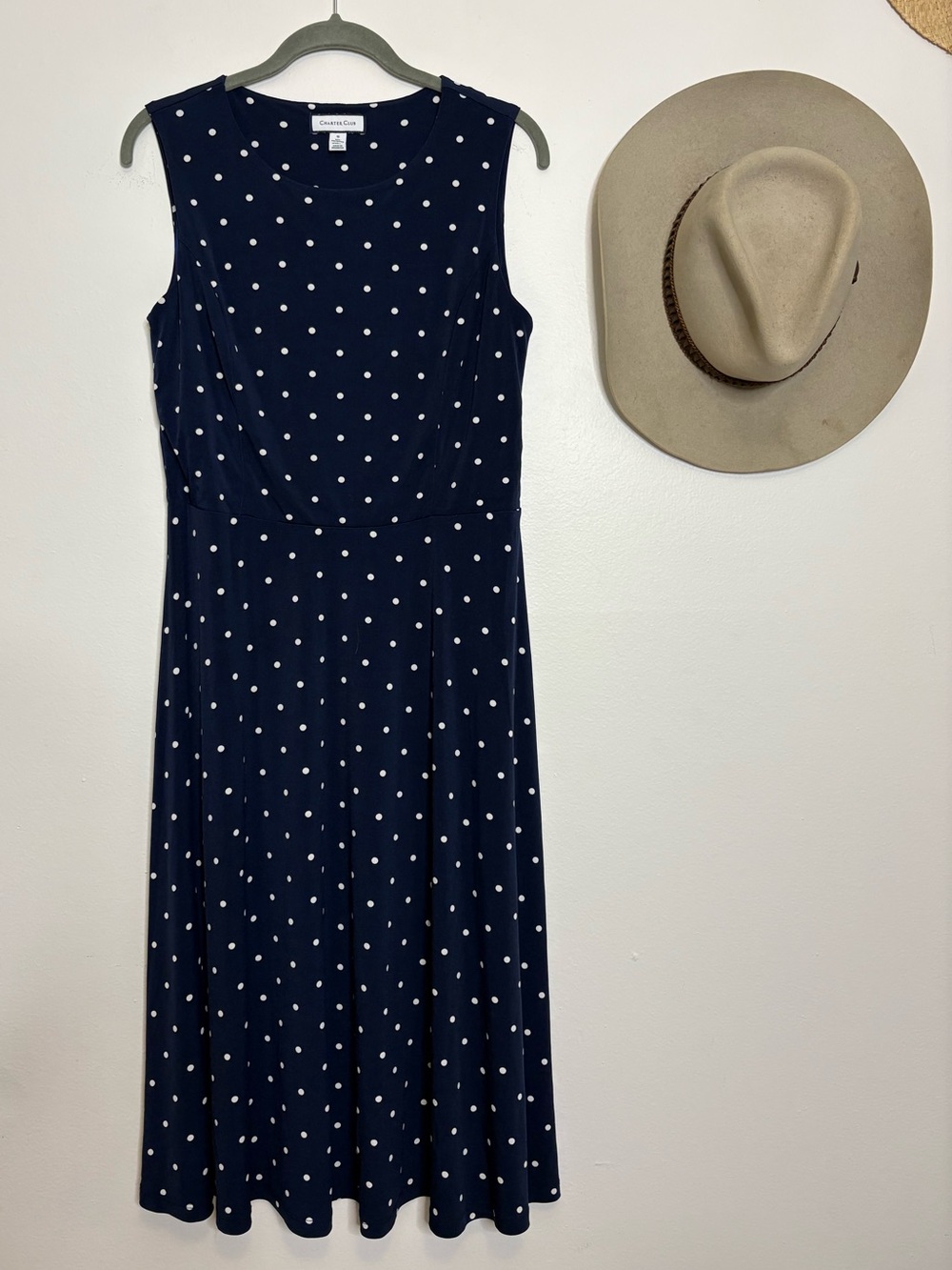 Charter Club Navy and White Polka Dot Sleeveless Midi Dress